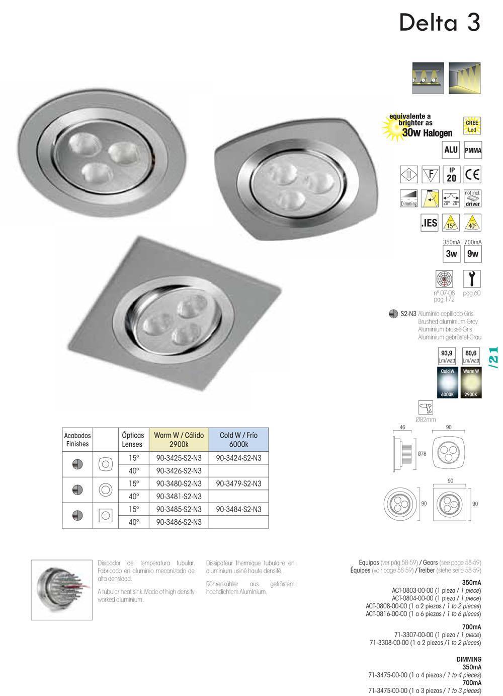 Faretto Downlight con 3 luci LED incluse LEDS C4 MODEL 3, 9W, luce bianca calda, colore argento.