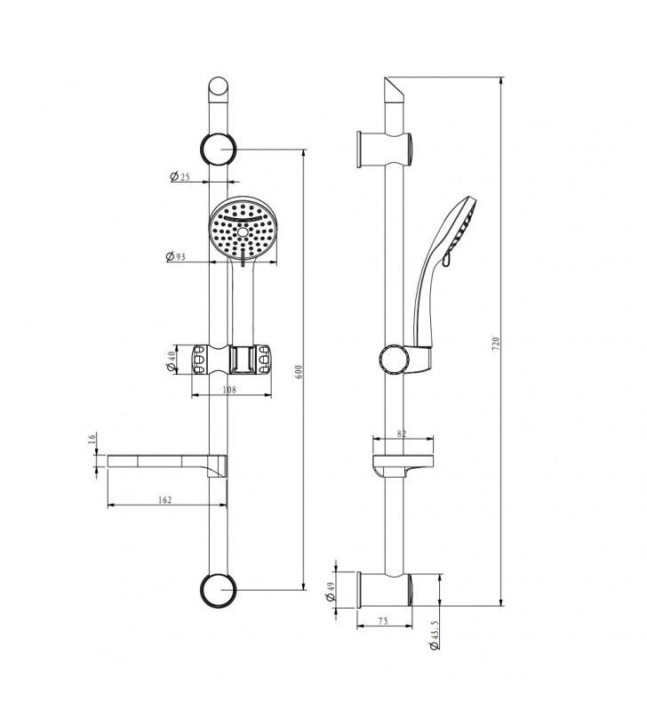 Saliscendi doccia con soffione a 2 getti IDROBRIC NINFEA, 72cm u00f825mm