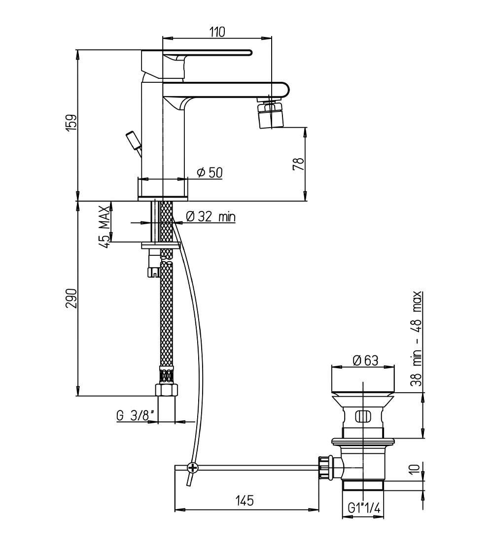 Rubinetto miscelatore bidet monocomando PAINI GHIBLI, PAI 44CR306, monoforo, scarico automatico 1 e 1/4