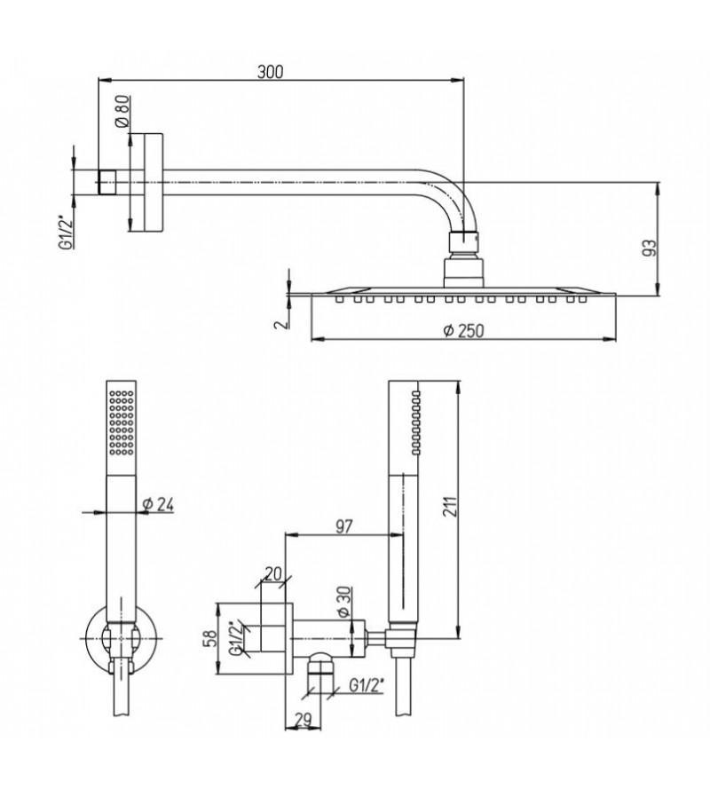 Kit doccia completo di soffione, braccio e duplex PAINI 53CR441P4, con supporto fisso, finitura cromata.