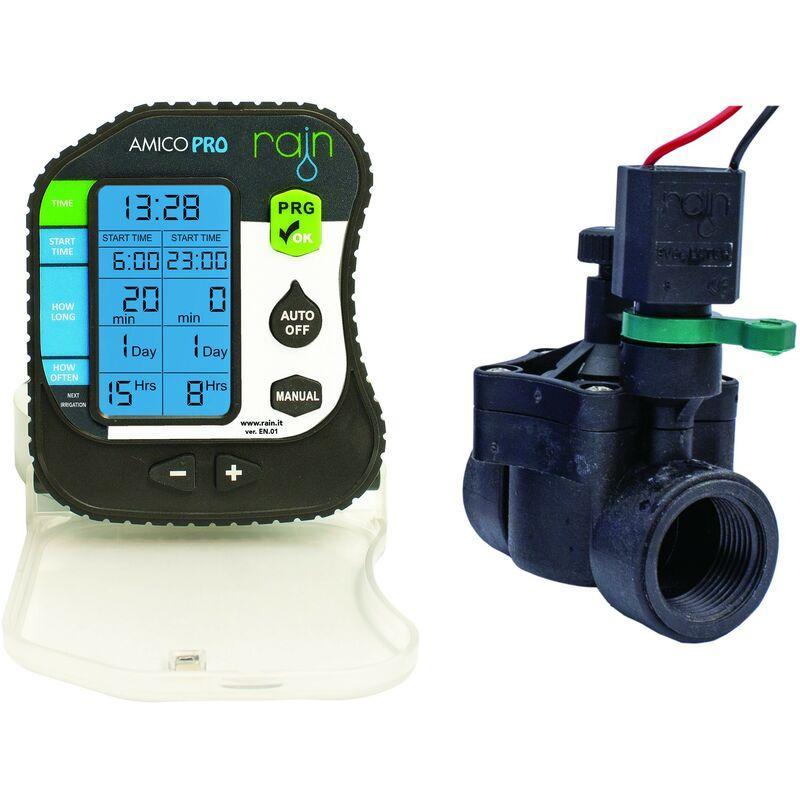 Kit centralina programmatore irrigazione a batterie RAIN IP68 AMICO PRO 1 ZONA + Elettrovalvola RN 150 1 pollice F