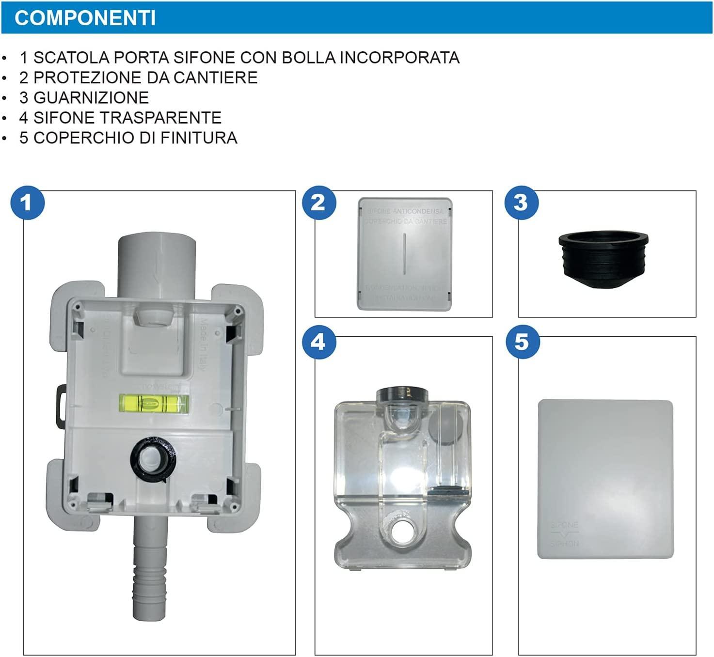 Sifone a secco antiodore TECNOSYSTEMI 11126322B, per scarico condensa condizionatore, ispezionabile.