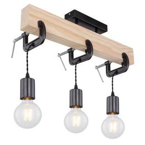 Lampadario plafoniera stile industrial  ludi, legno e metallo, e27 x 3, 60w, glb 15433-3d.