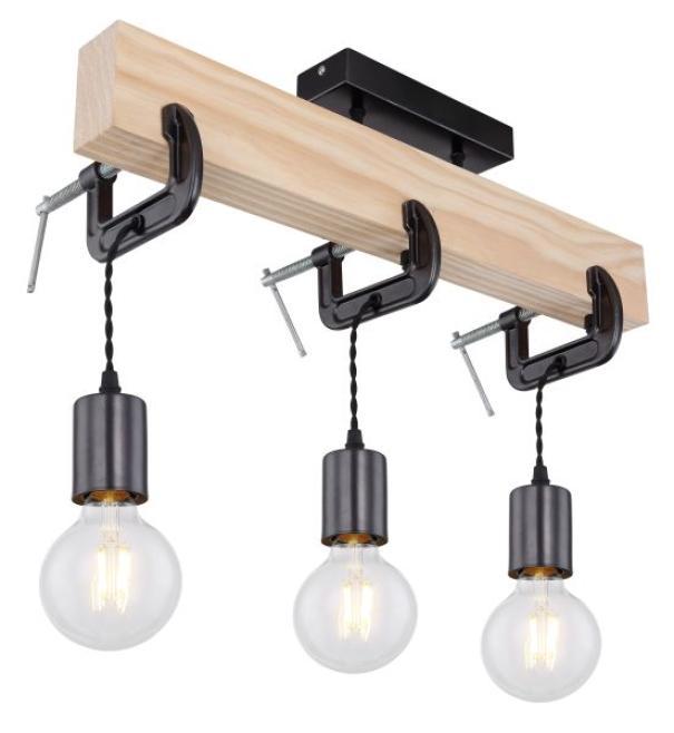 Lampadario plafoniera stile industrial GLOBO LUDI, legno e metallo, E27 x 3, 60W, GLB 15433-3D.