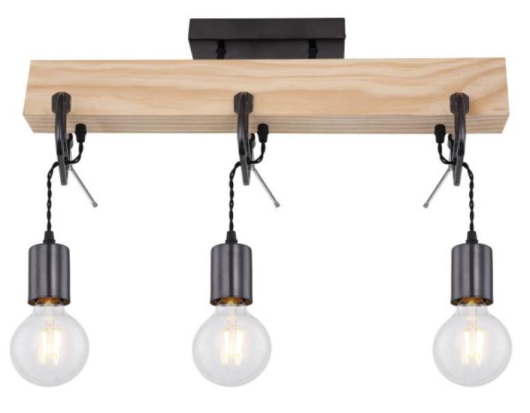 Lampadario plafoniera stile industrial GLOBO LUDI, legno e metallo, E27 x 3, 60W, GLB 15433-3D.