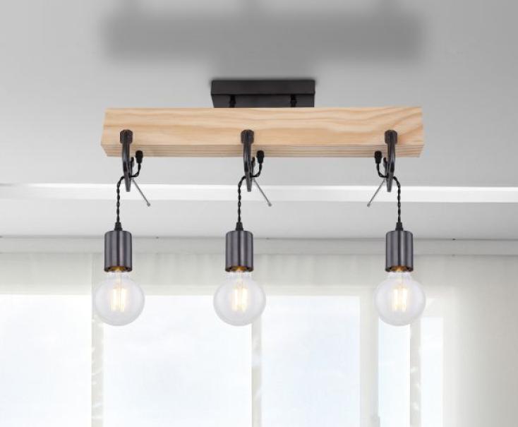 Lampadario plafoniera stile industrial GLOBO LUDI, legno e metallo, E27 x 3, 60W, GLB 15433-3D.