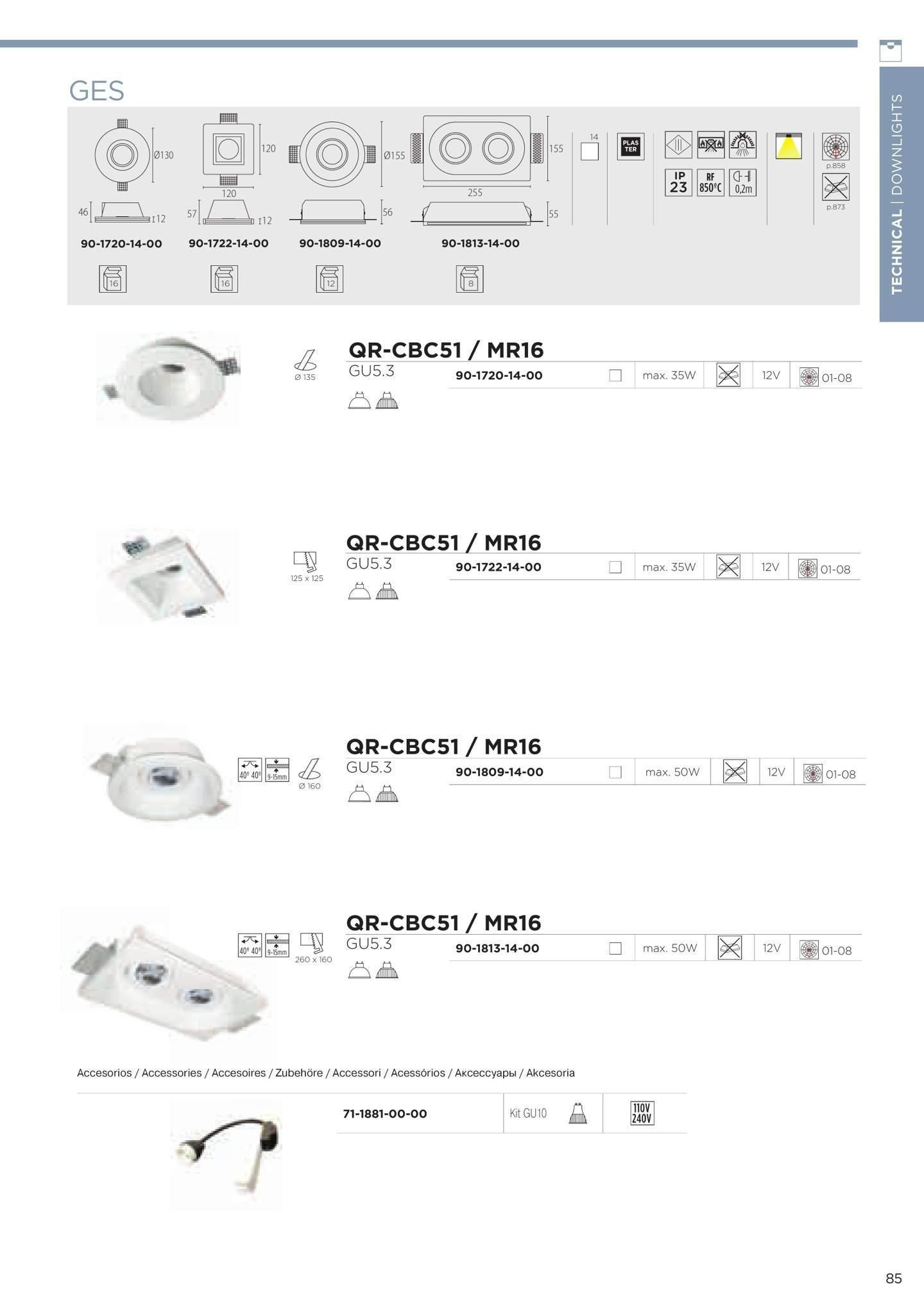 Faretto da incasso a soffitto LEDS C4 GES TECHNICAL, diametro 155 mm, portalampada GU5.3 max 50W, lampadina NON inclusa, colore bianco.