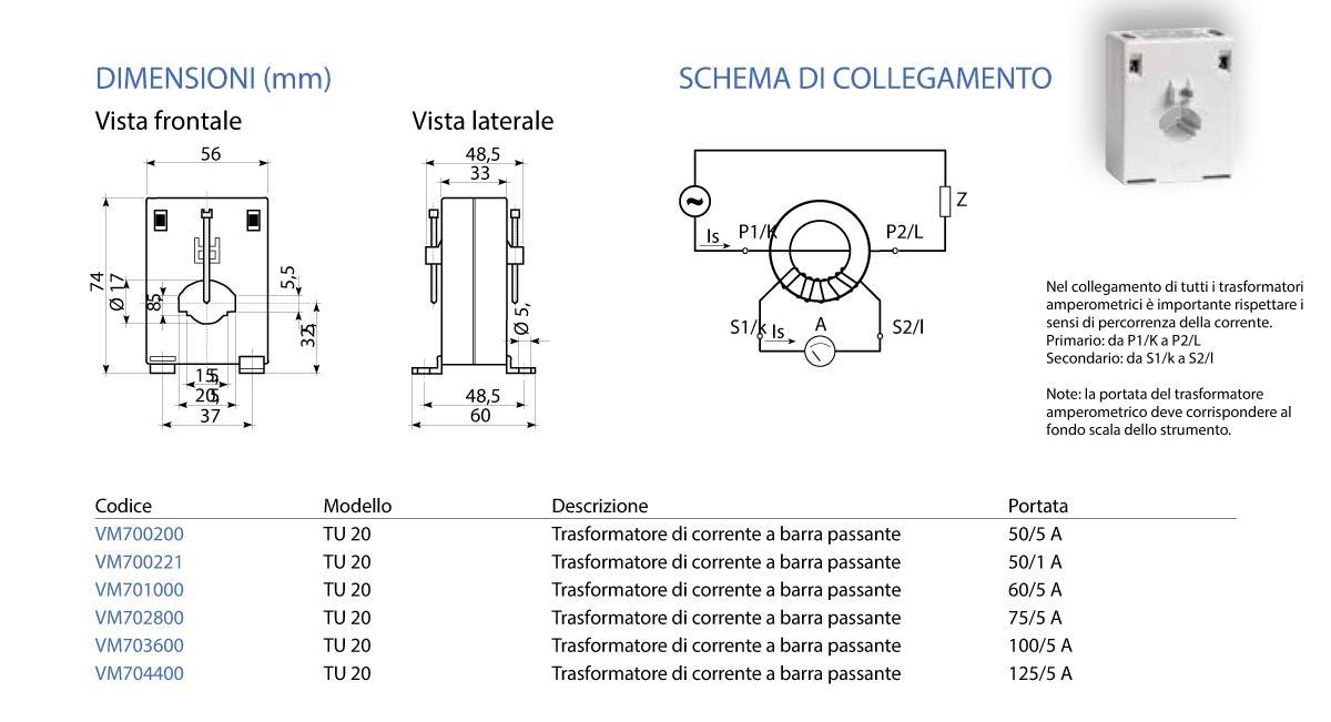 Trasformatore amperometrico VEMER TU-20 50/5A