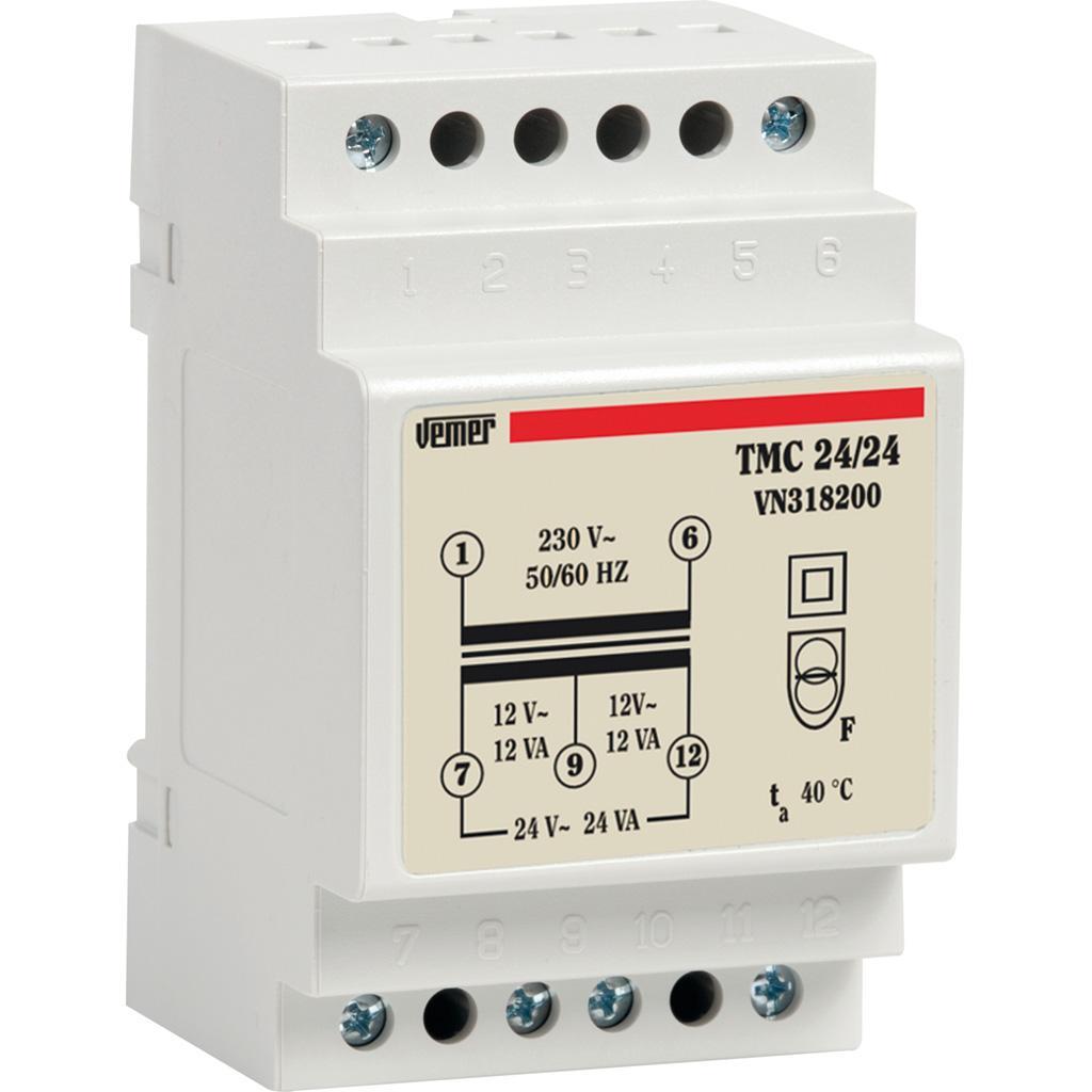 TMC 24/24 Trasformatore di sicurezza 24VA per servizio continuo 230V/0-12-24VAC Vemer VN318200