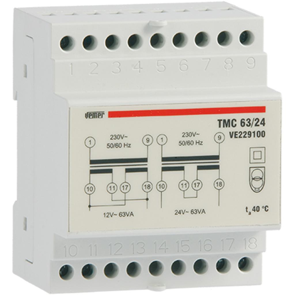 Trasformatore TMC 63/24 da Barra Din per Servizio Continuo 230V/12-24V Vemer VE229100