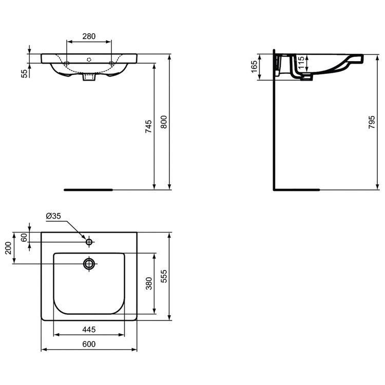 Lavabo sospeso 60x55 cm con ampia zona sottolavabo Ideal Standard E548201