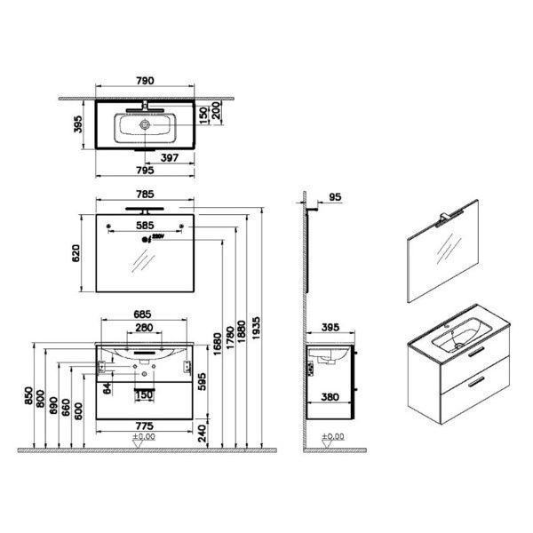 Mobile bagno sospeso 80 cm con 2 cassetti lavabo specchio e lampada led bianco lucido Vitra 75024