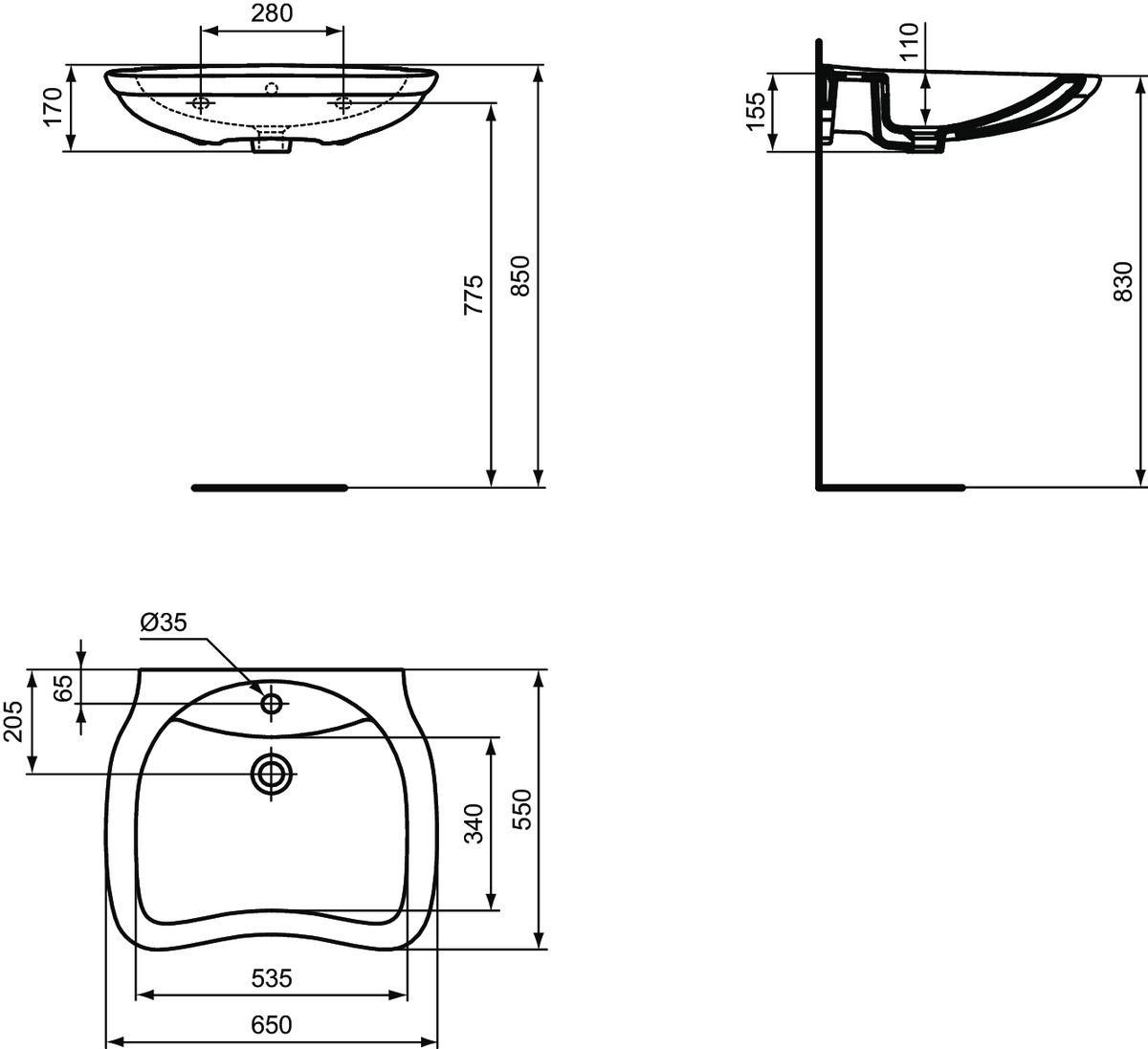 Lavabo per disabili 65X52 cm con troppopieno Maia Ideal Standard T531301