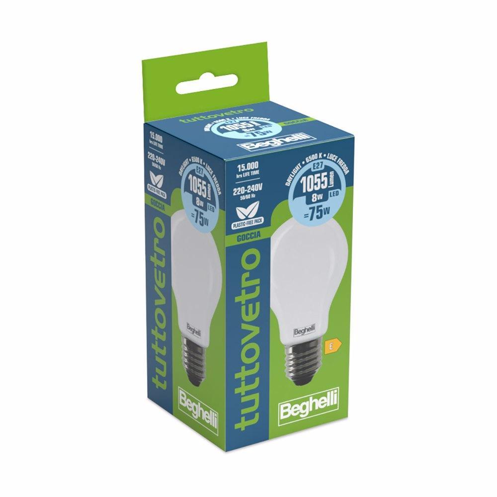 Lampadina LED 8W E27 6500K luce fredda goccia Beghelli 56525