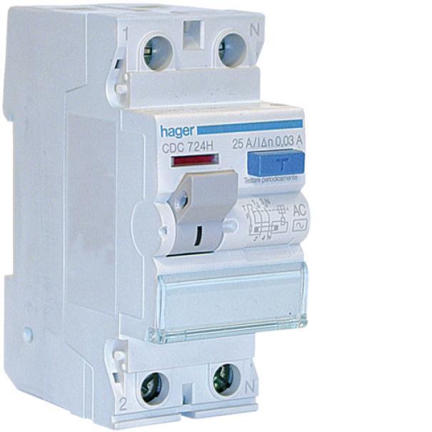 Interruttore Differenziale Puro Non Acc. 2 Poli 30 Ma Tipo Ac 25 A 2 M. Din Hager CDC724H