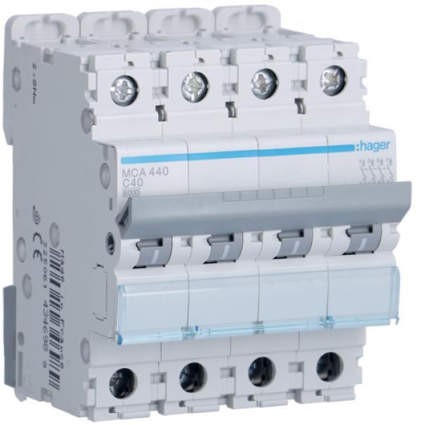 Interruttore Automatico Magnetotermico 4 Poli 40 A 6 Ka Curva C 4 M. Din Hager MCA440