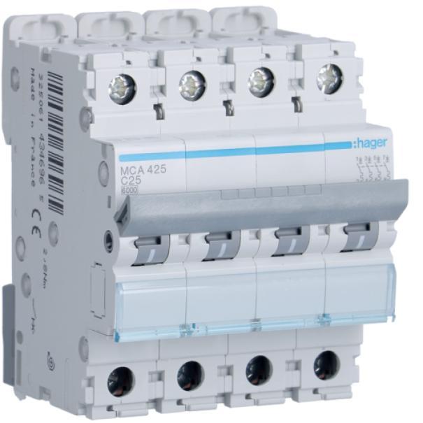 Interruttore Automatico Magnetotermico 4 Poli 25 A 6 Ka Curva C 4 M. Din Hager MCA425