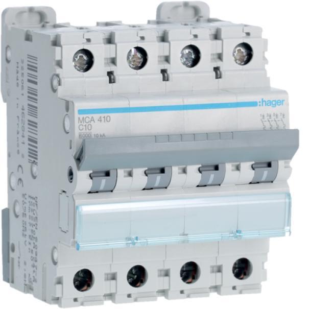 Interruttore Automatico Magnetotermico 4 Poli 10 A 6 Ka Curva C 4 M. Din Hager MCA410