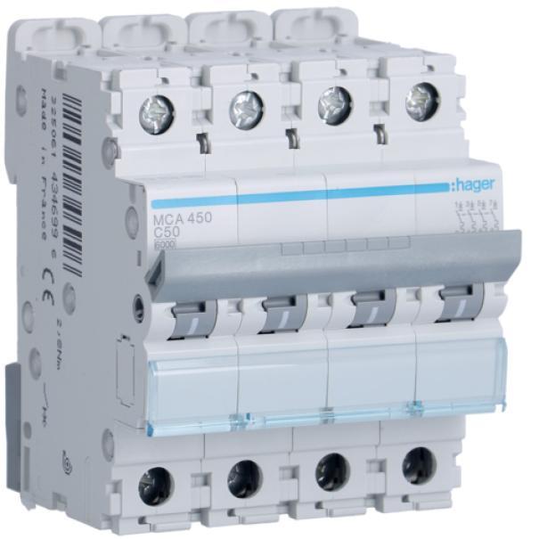 Interruttore Automatico Magnetotermico 4 Poli 50 A 6 Ka Curva C 4 M. Din Hager MCA450