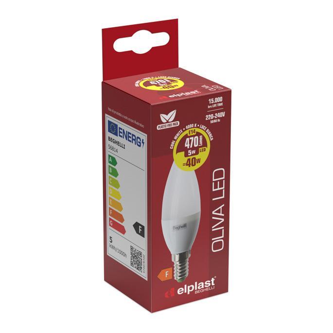 Lampadina LED Oliva E14 luce fredda 400K 5 watt 470 lumen Beghelli 56814