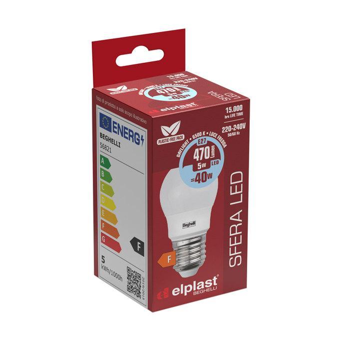 Lampadina LED Sfera E27 luce fredda 6500K 5 watt 470 lumen Beghelli 56821