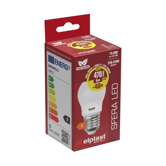 Lampadina LED Sfera E27 luce naturale 4000K 5 watt 470 lumen Beghelli 56815