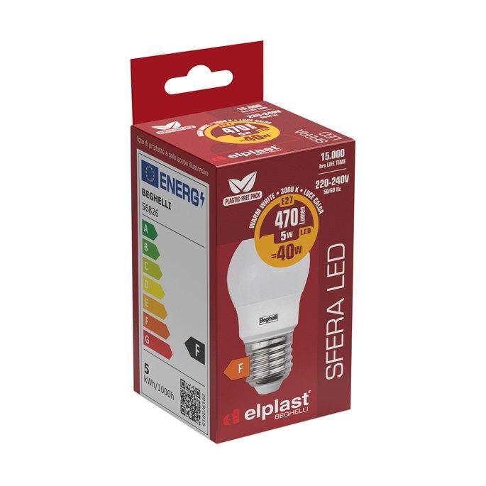 Lampadina LED Sfera E27 luce calda 3000K 5 watt 470 lumen Beghelli 56826