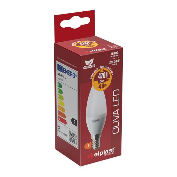 Lampadina LED Oliva E14 luce calda 3000K 5 watt 470 lumen Beghelli 56825